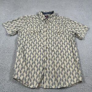 Moon Shine Shirt Mens Medium Beige Blue Floral Western Cotton Button Up Casual